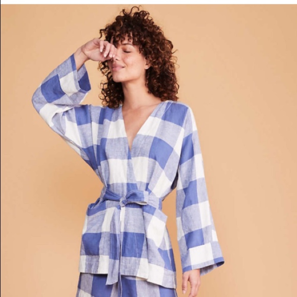 Blue Gingham Linen Kimono Jacket